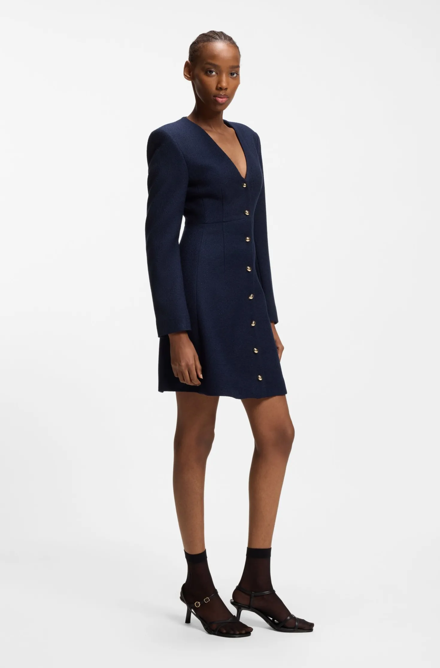 Bouclé dress with gold-tone buttons