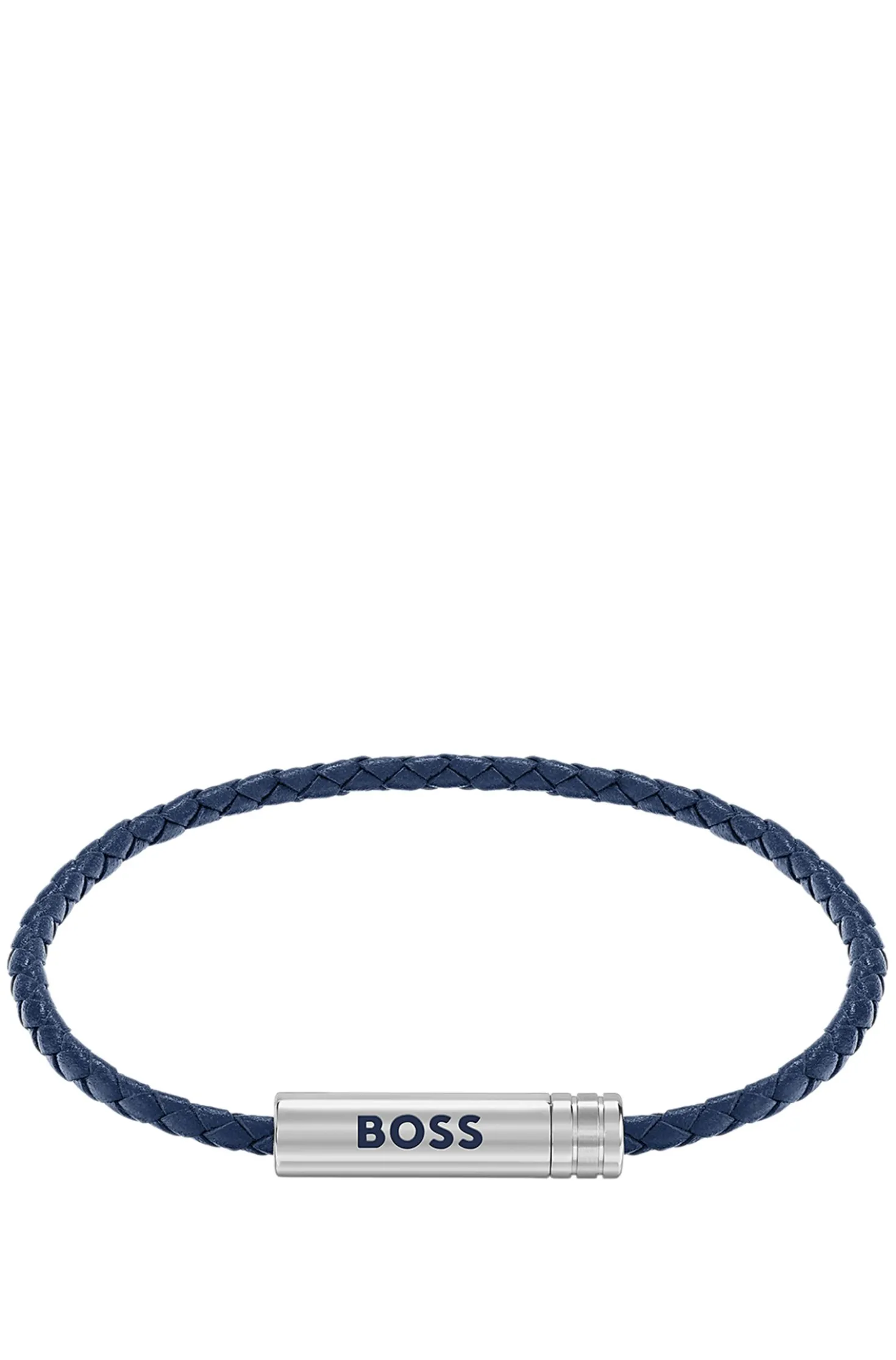 Braided cuff in blue leather with logo plaque