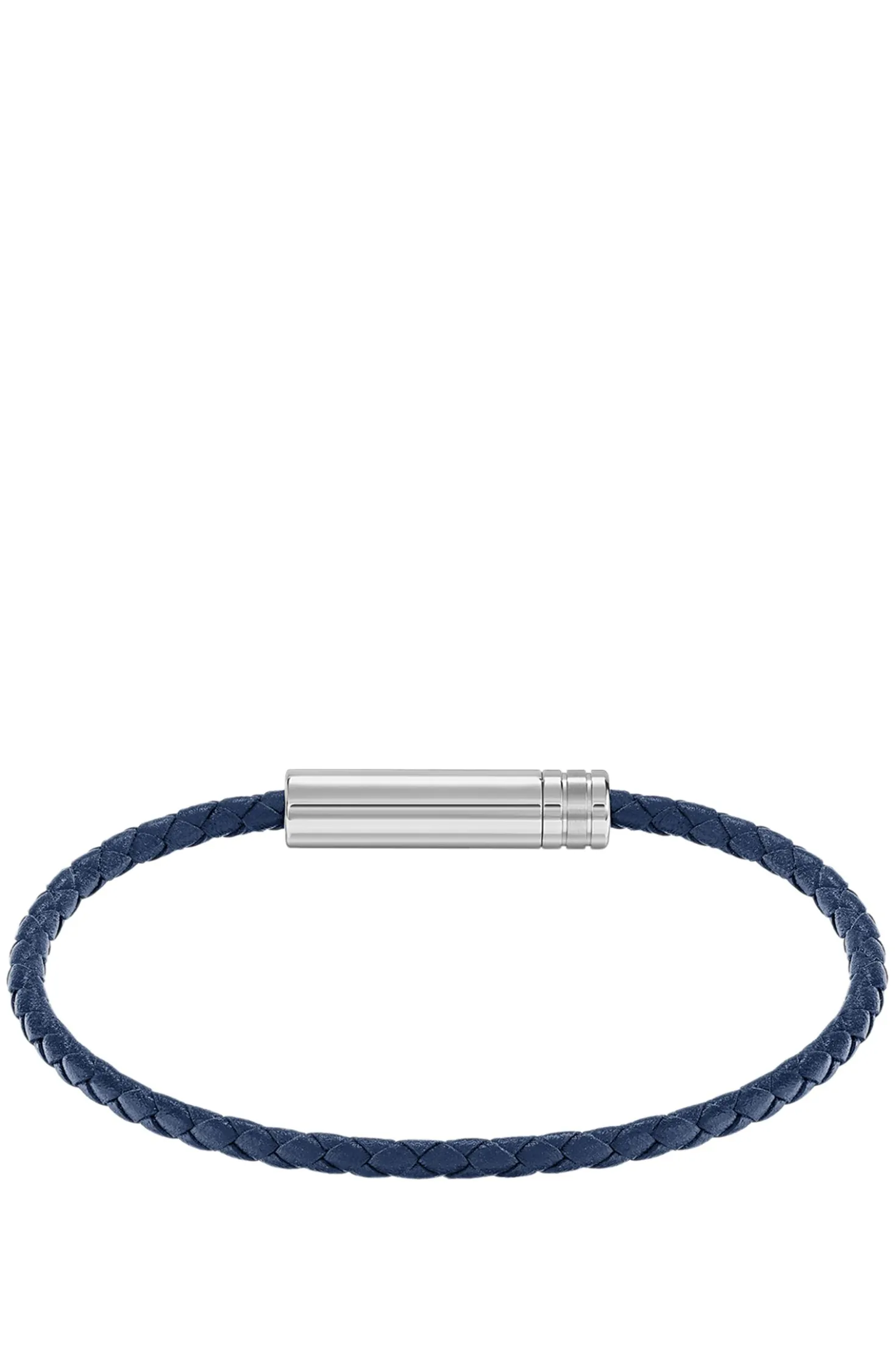 Braided cuff in blue leather with logo plaque
