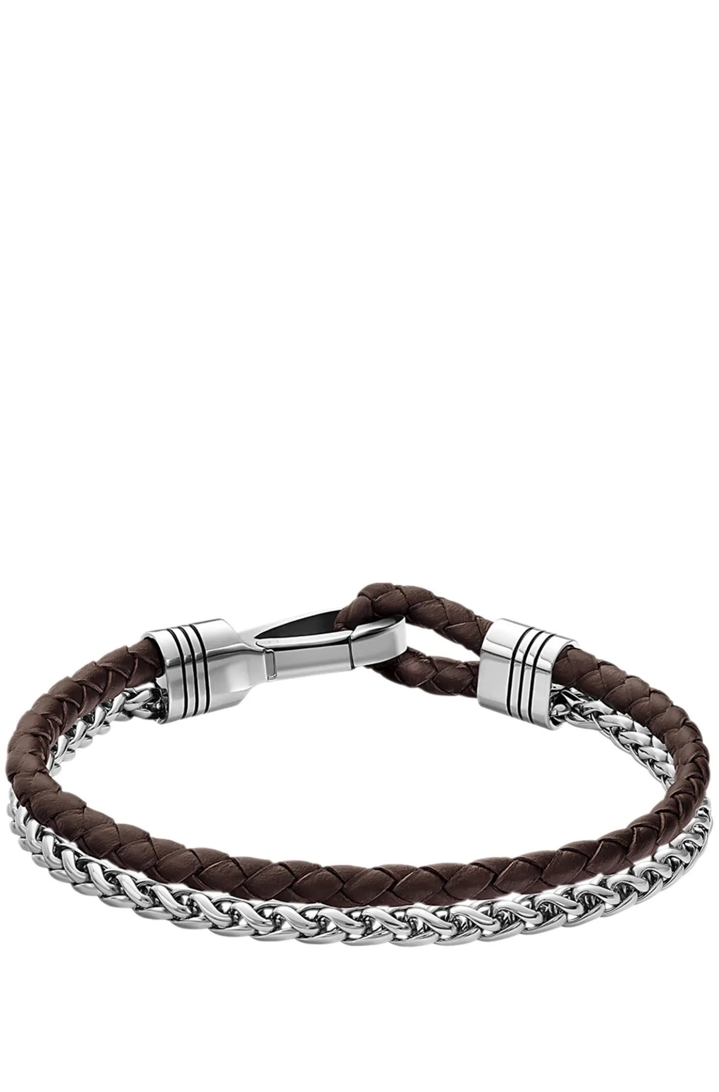 Braided cuff in brown leather and stainless steel