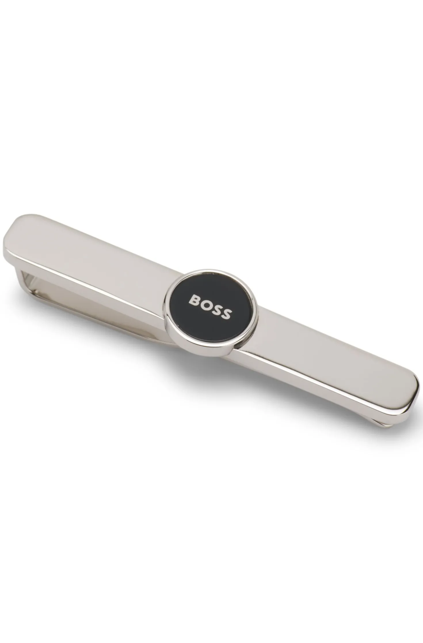 Brass tie clip with round logo detail