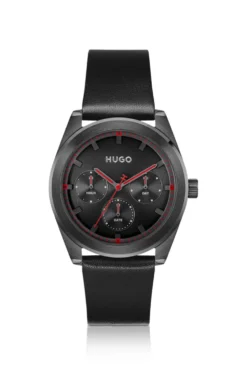 #BRIGHT SPORT Black-plated watch with tonal leather strap