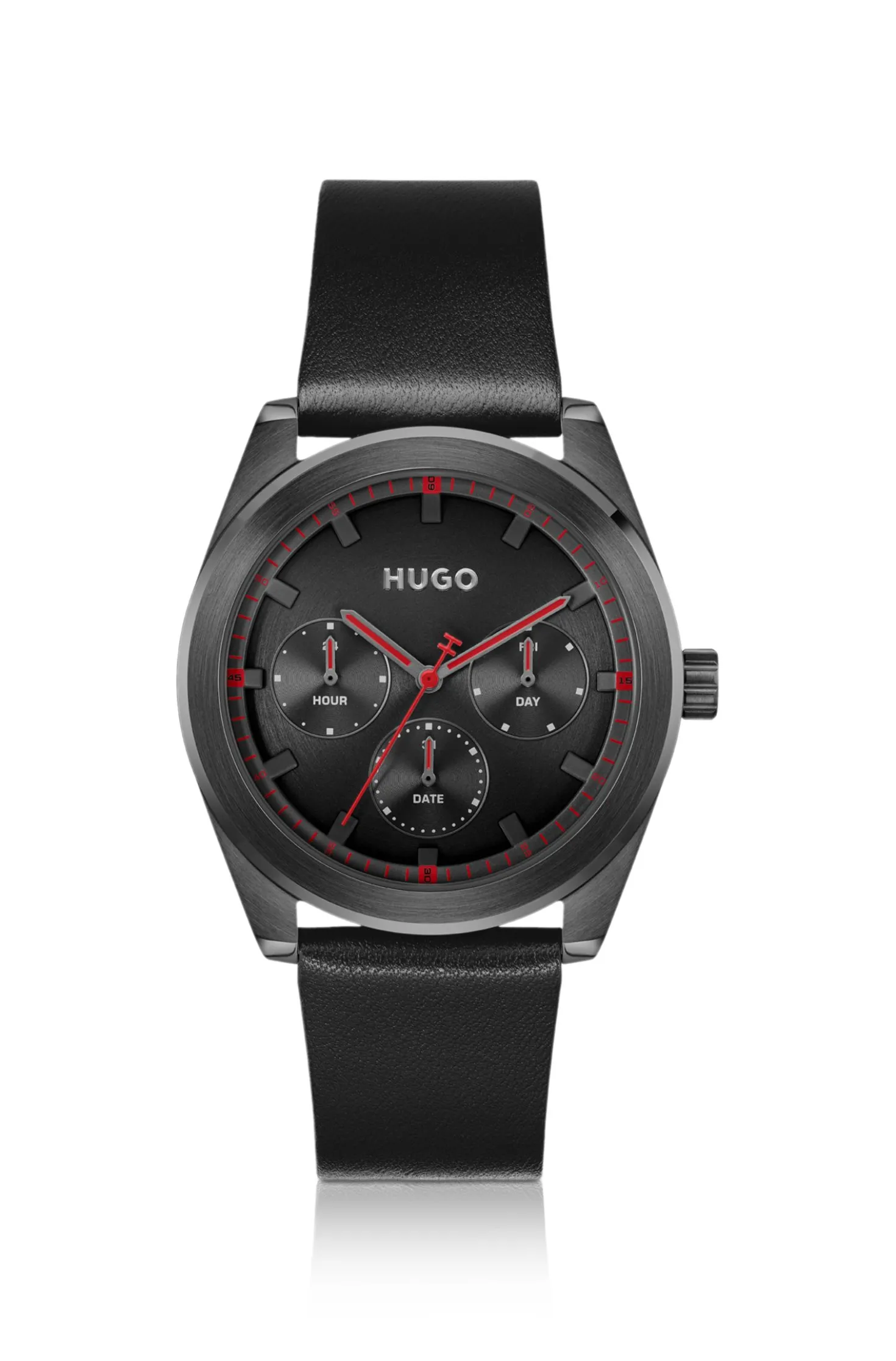 #BRIGHT SPORT Black-plated watch with tonal leather strap