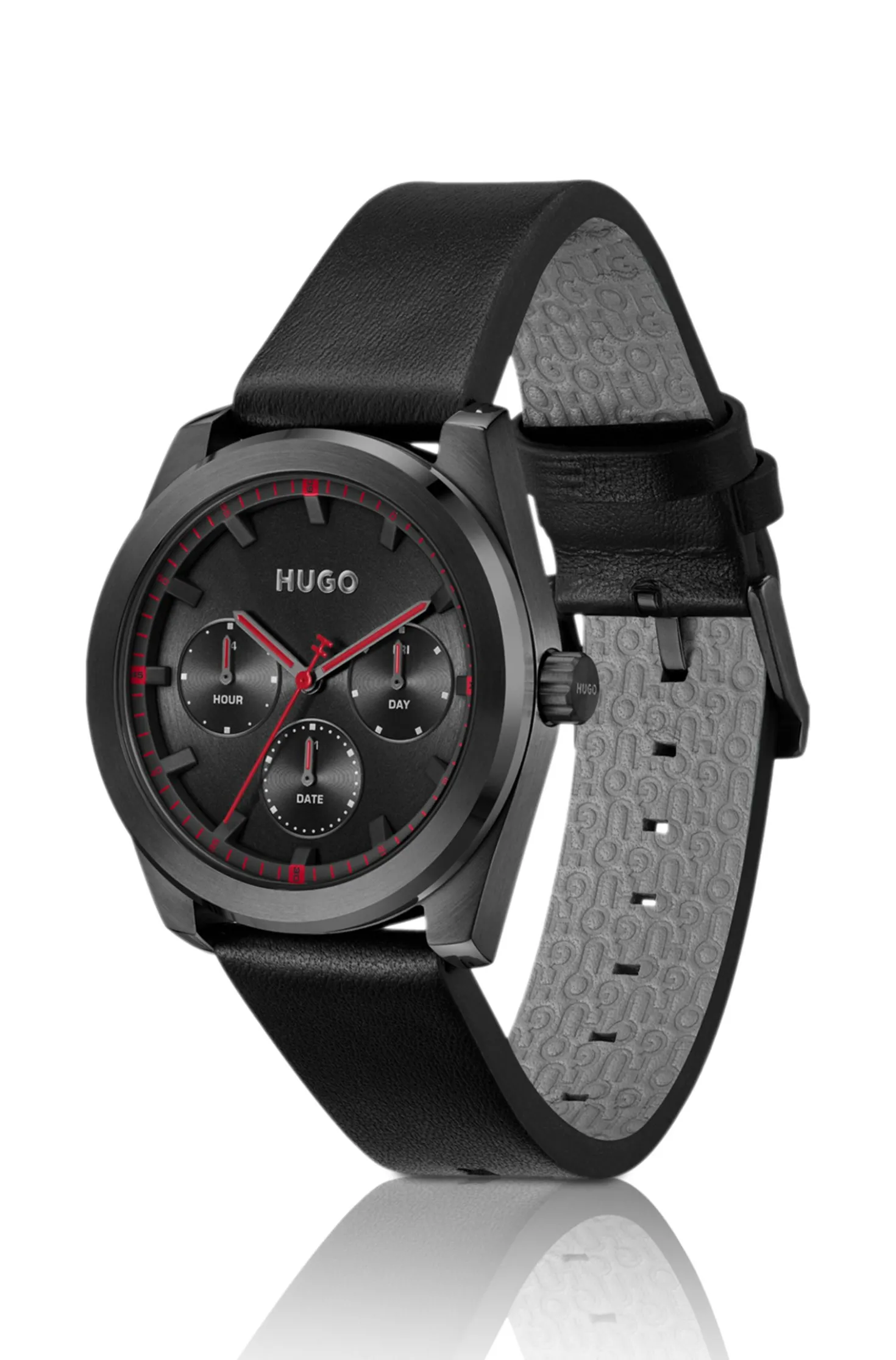 #BRIGHT SPORT Black-plated watch with tonal leather strap