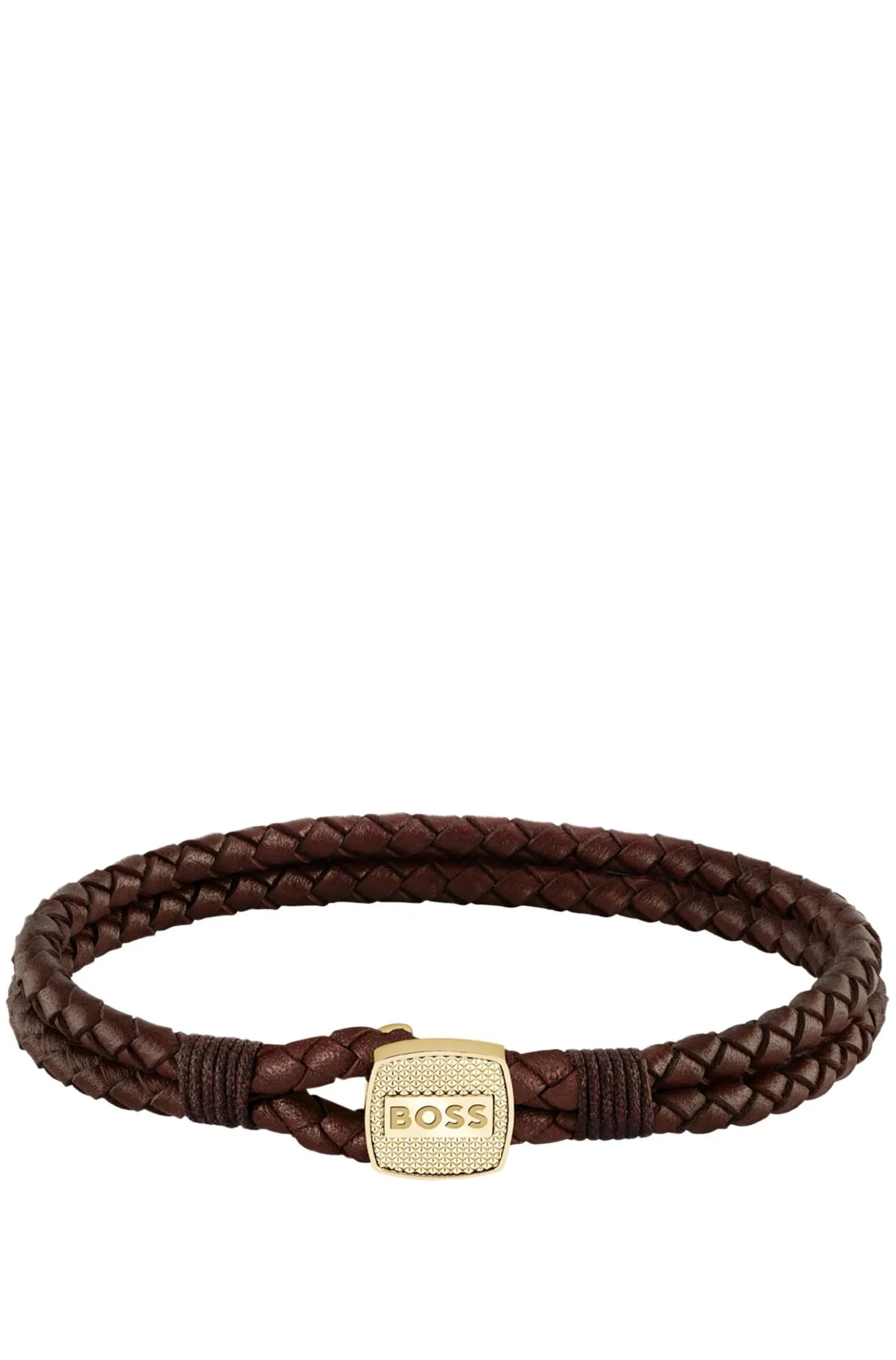 Brown braided-leather cuff with gold-tone closure