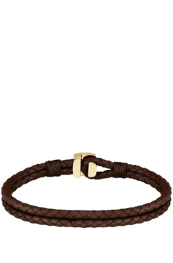 Brown braided-leather cuff with gold-tone closure
