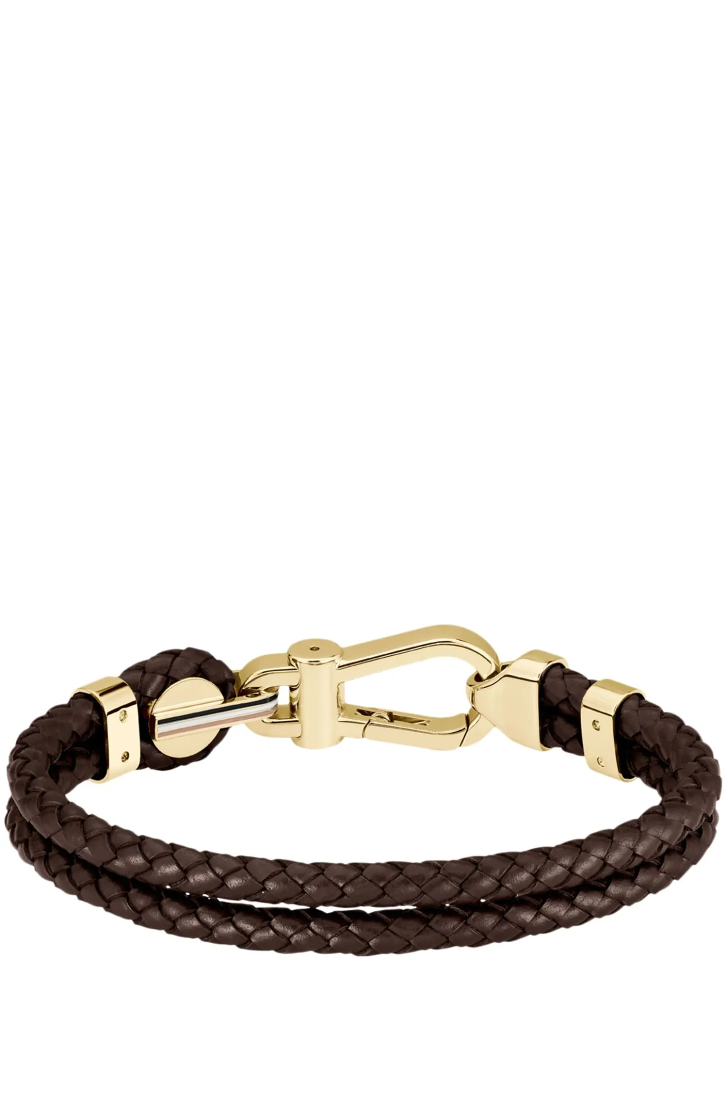 Brown braided-leather cuff with gold-tone carabiner closure