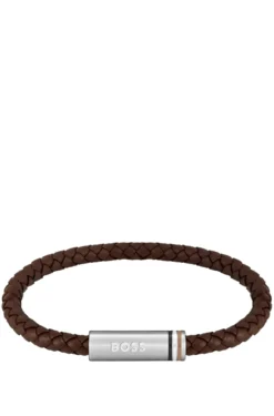Brown braided-leather cuff with magnetic logo closure