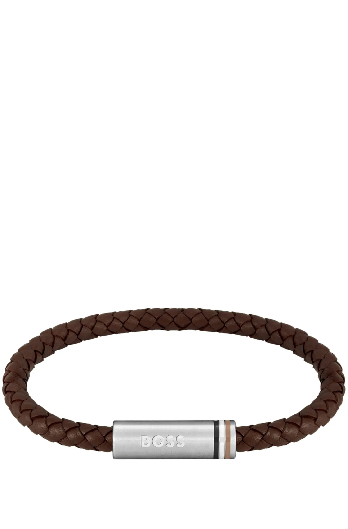 Brown braided-leather cuff with magnetic logo closure
