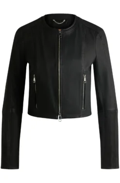 Collarless leather jacket in a slim fit