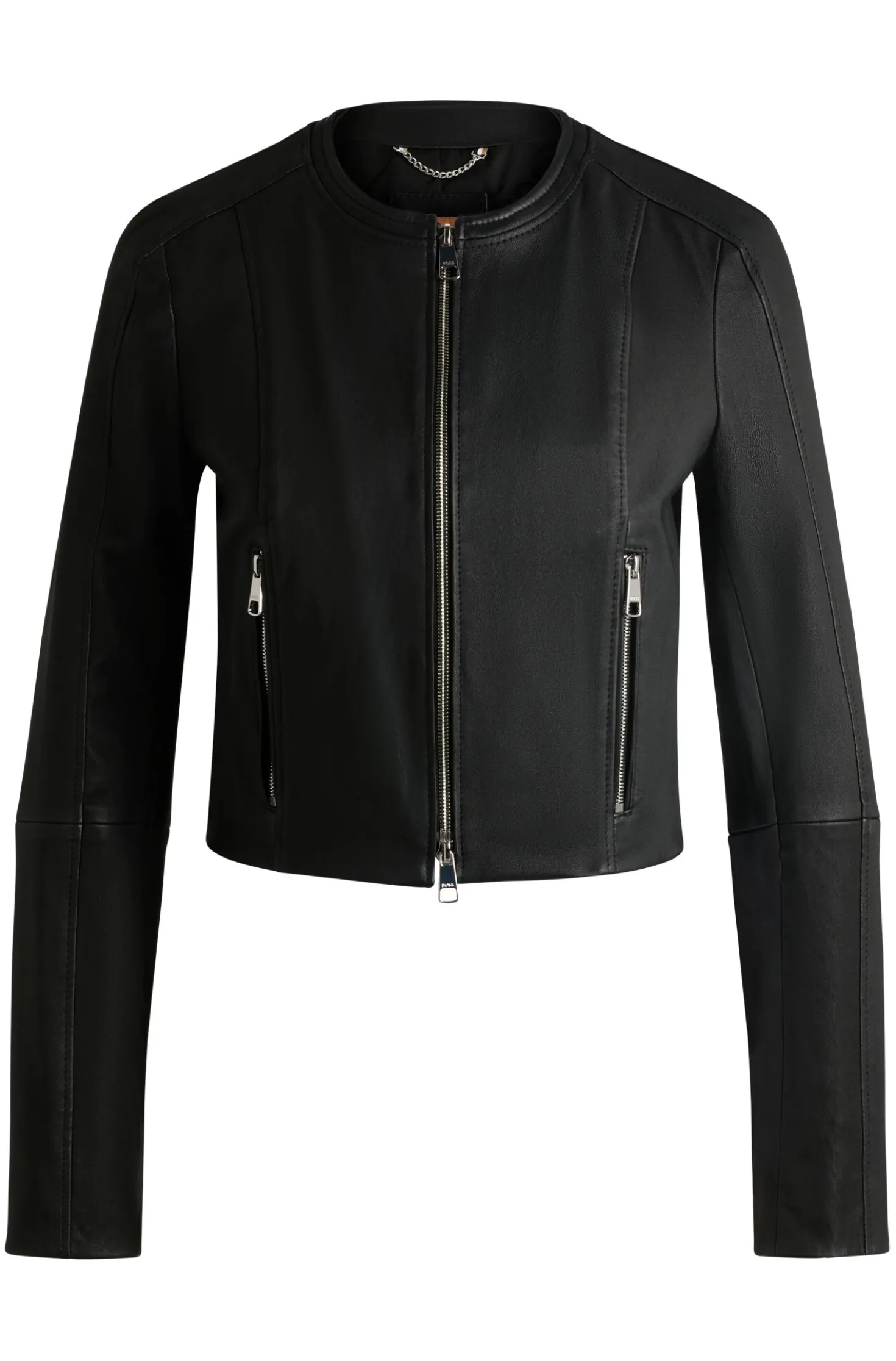 Collarless leather jacket in a slim fit