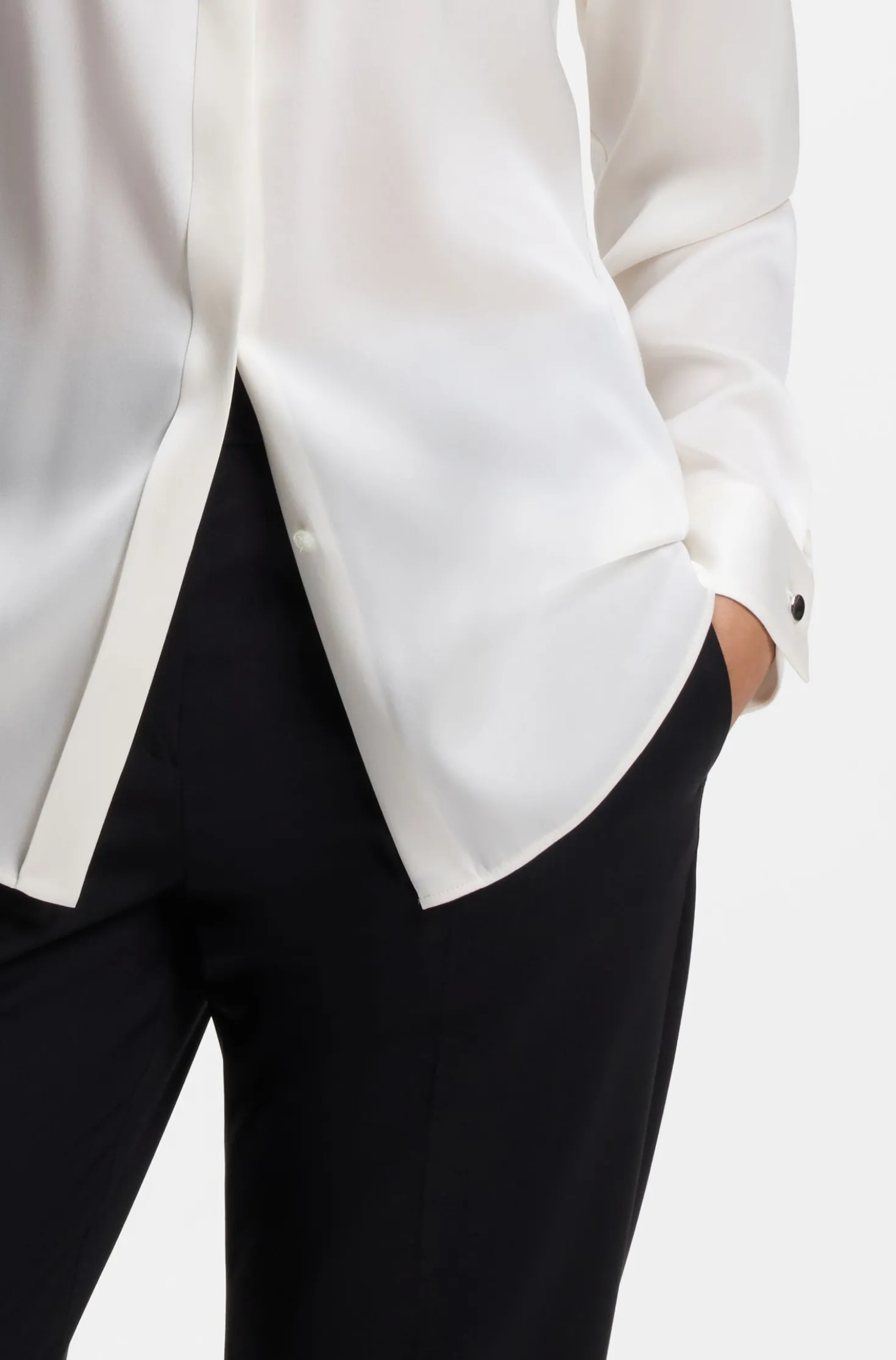 Collarless regular-fit blouse in stretch silk