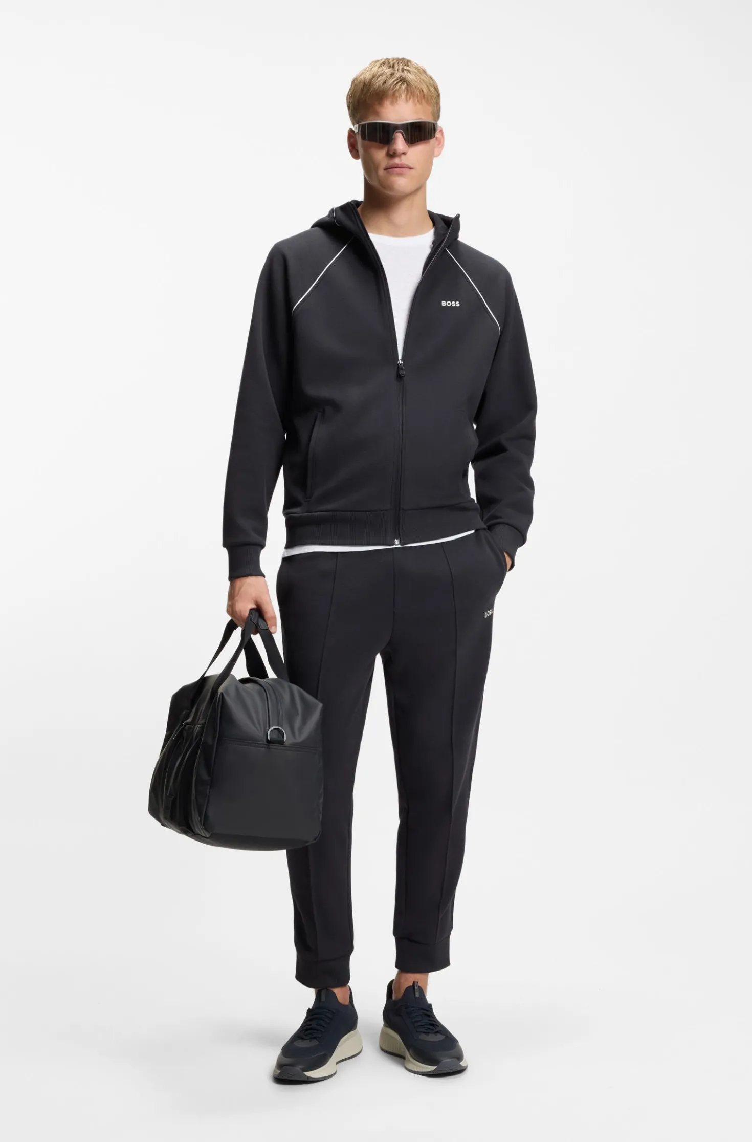 Cotton-blend zip-up hoodie with piping details