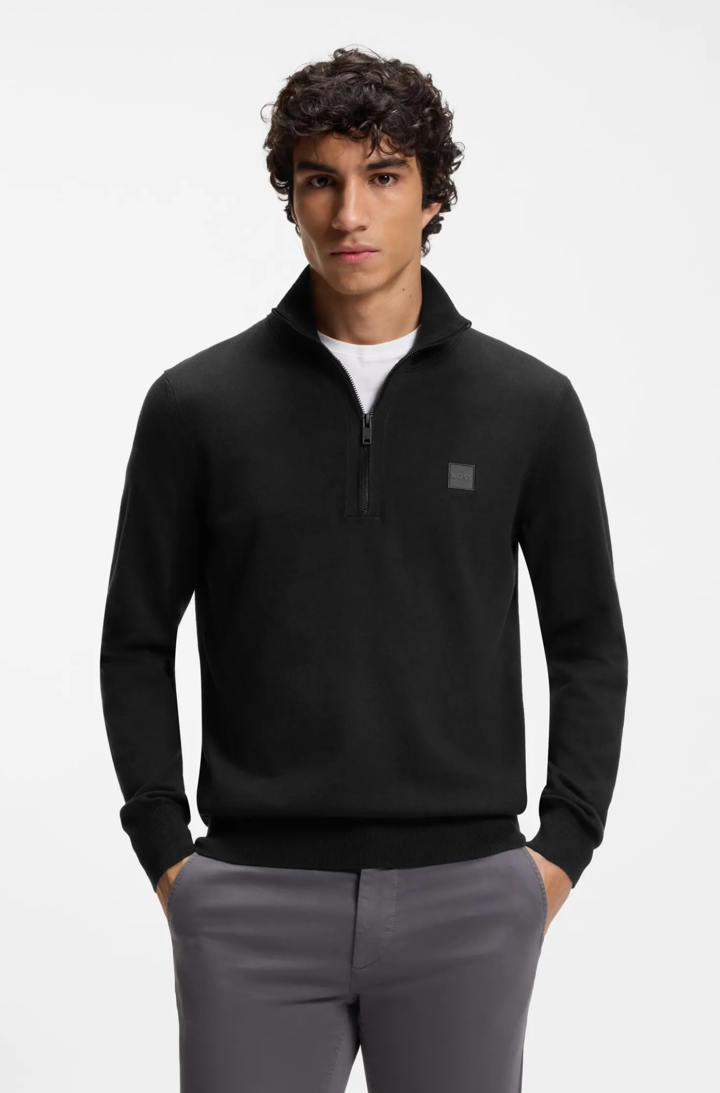 Cotton-cashmere sweater with zip collar