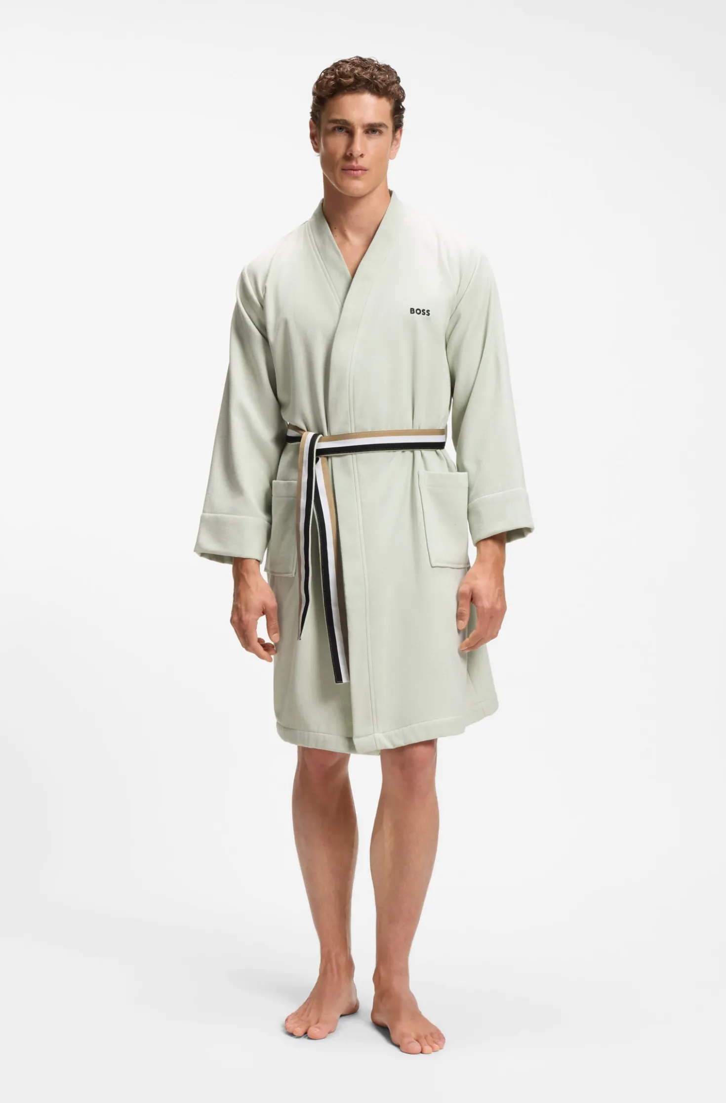 Cotton dressing gown with signature-stripe belt