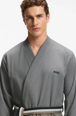 Cotton dressing gown with signature-stripe belt