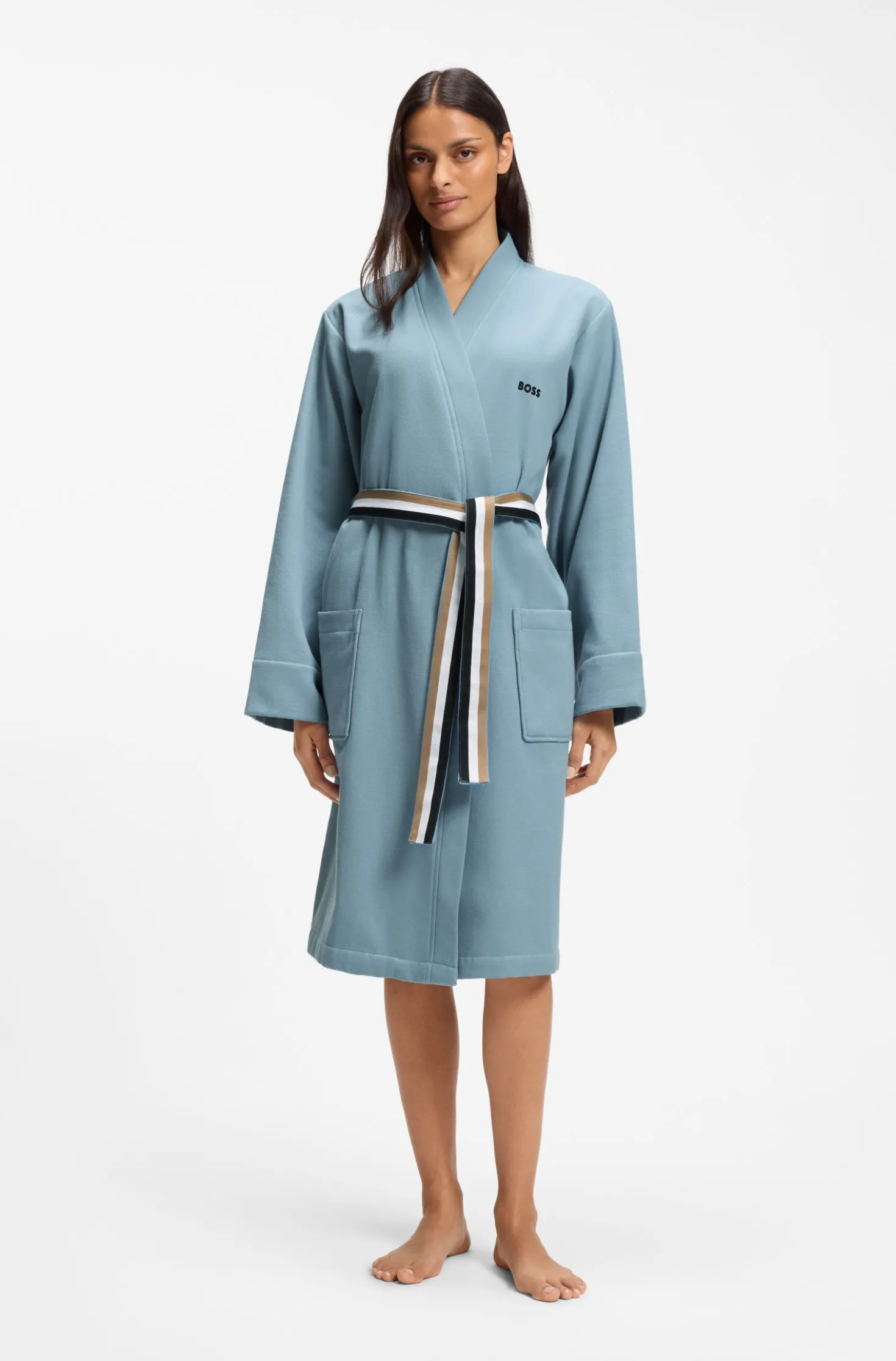 Cotton dressing gown with signature-stripe belt