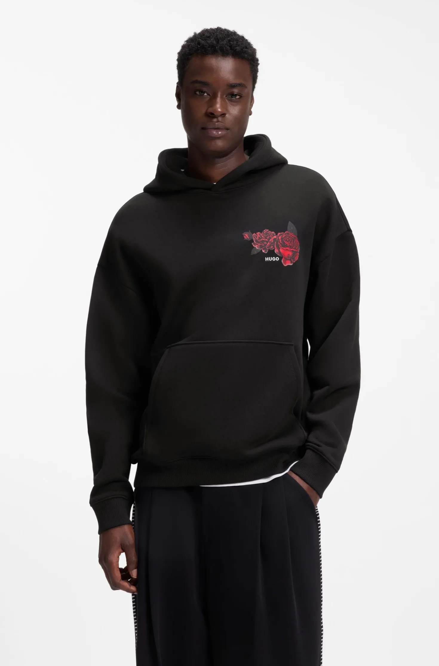 Cotton-terry hoodie with rose artwork