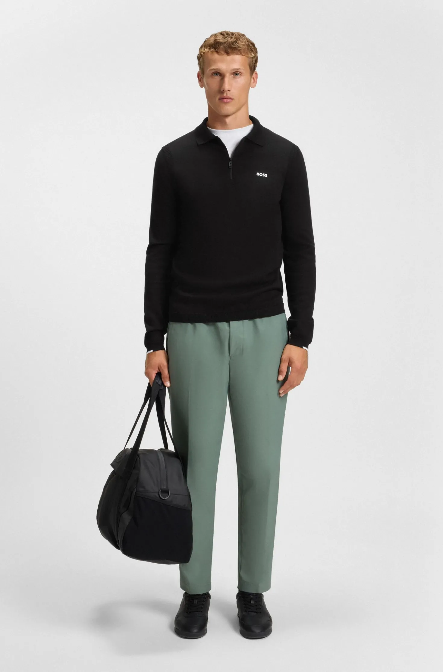 Cotton zip-neck sweater with contrast logo