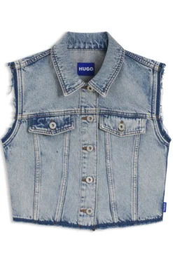 Cropped sleeveless vest in azure-blue denim