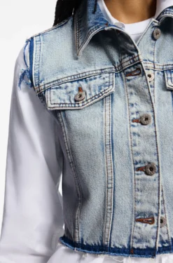 Cropped sleeveless vest in azure-blue denim