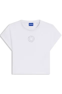 Cropped stretch-cotton T-shirt with rhinestone Happy HUGO logo