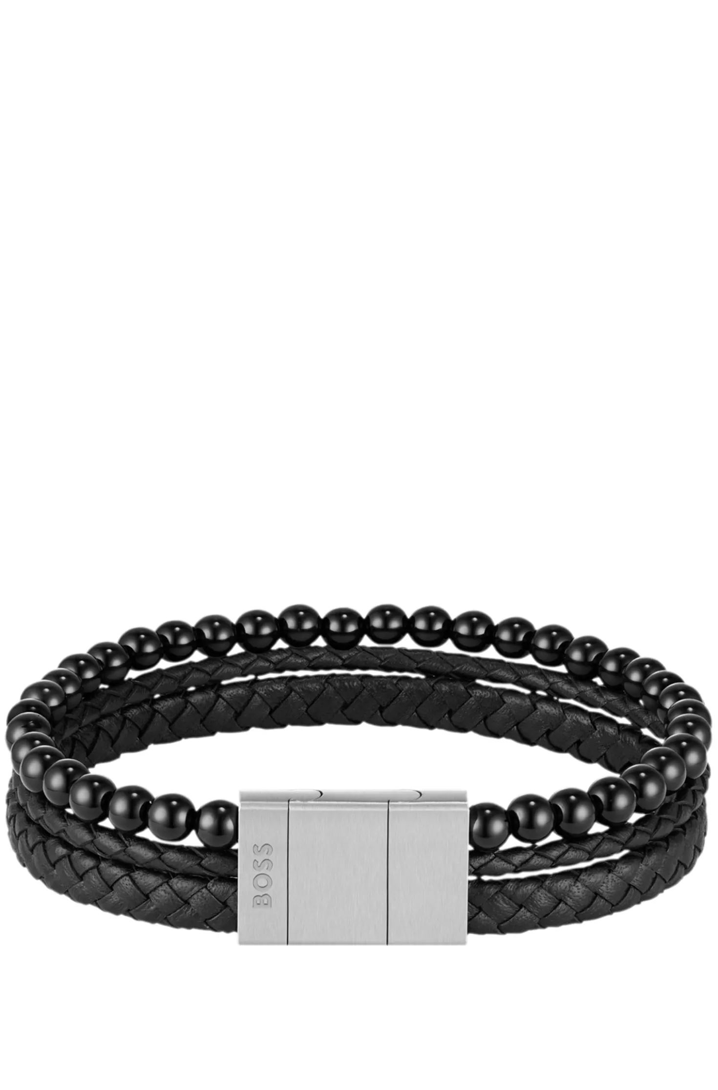 Cuff with tiger beads and braided black leather