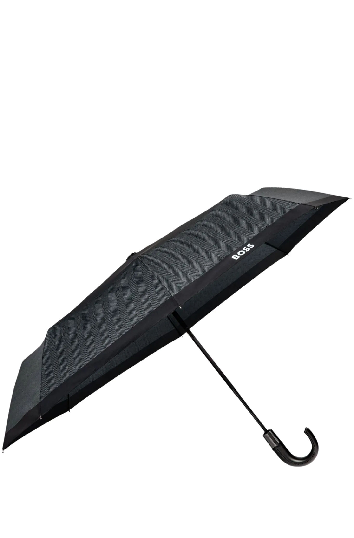 Dark-grey herringbone pocket umbrella with faux-leather handle