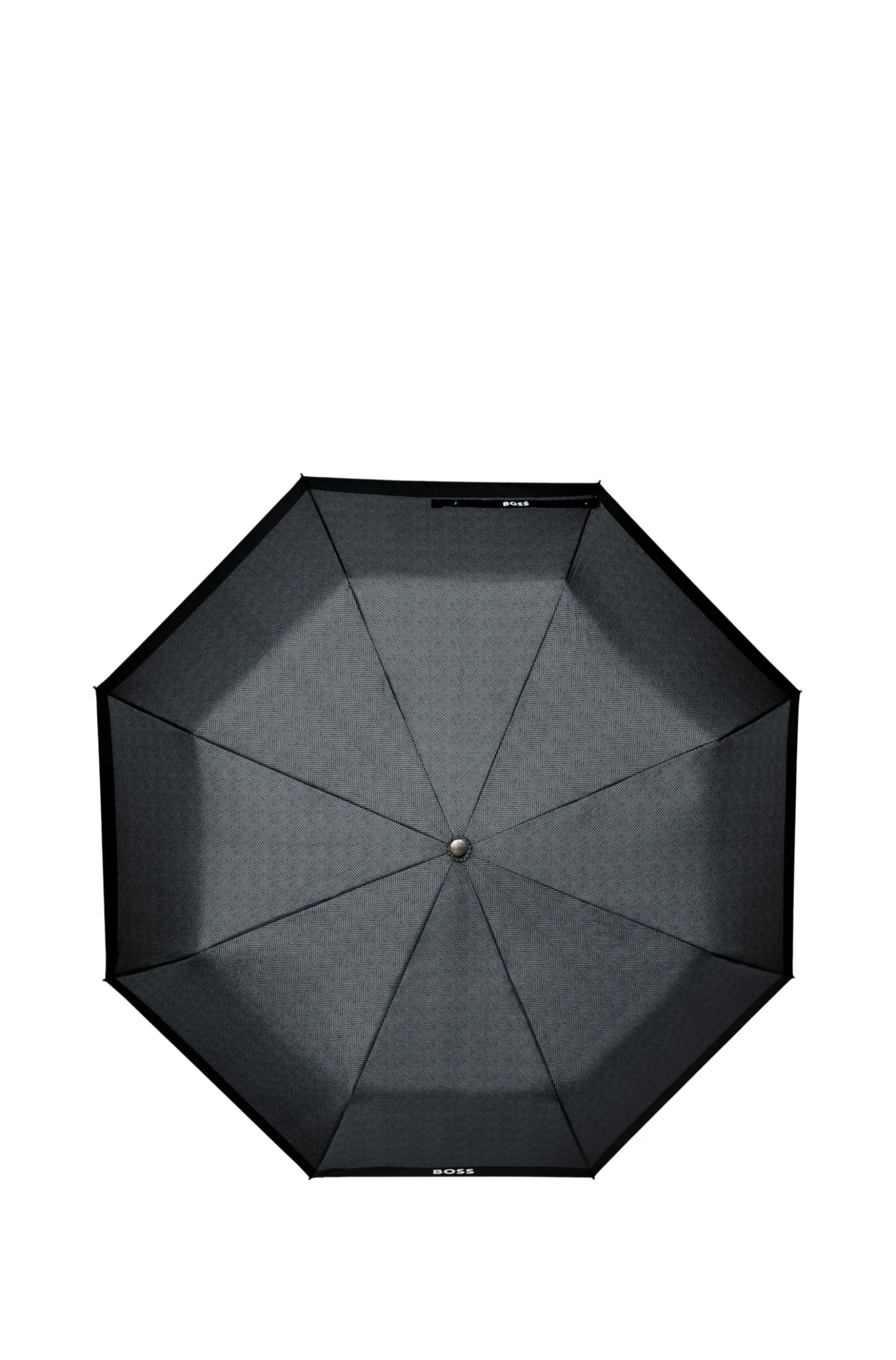 Dark-grey herringbone pocket umbrella with faux-leather handle