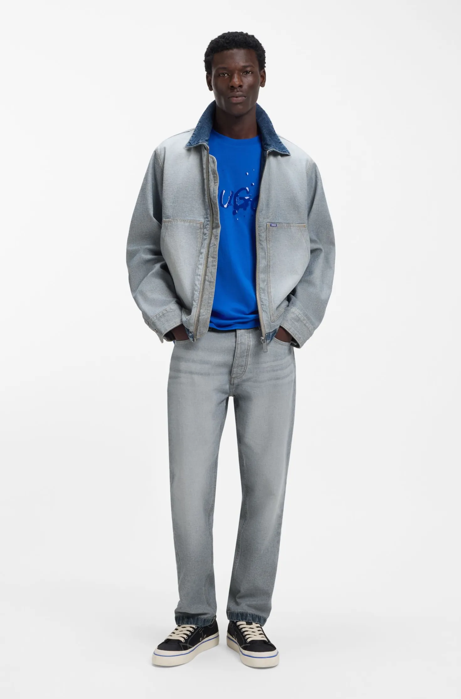 Denim jacket with inside-out styling