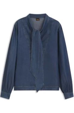 Denim-look blouse with scarf detail