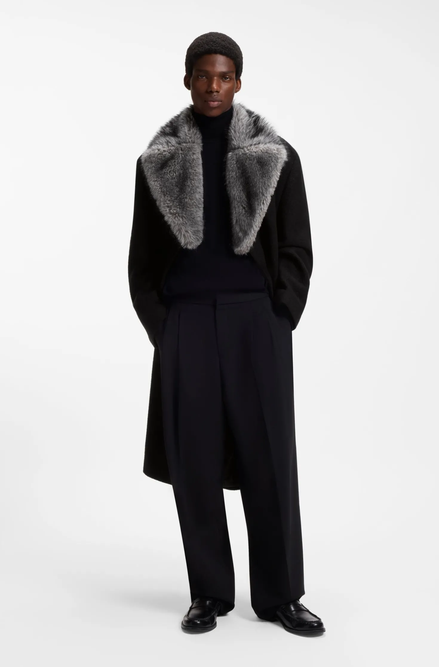 Double-breasted virgin wool coat with faux-fur collar