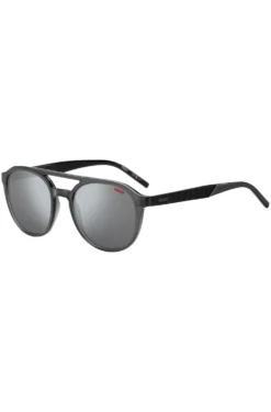 Double-bridge sunglasses in grey acetate with patterned temples