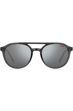 Double-bridge sunglasses in grey acetate with patterned temples