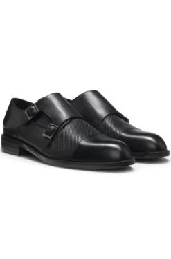 Double monk shoes in leather with perforated detail