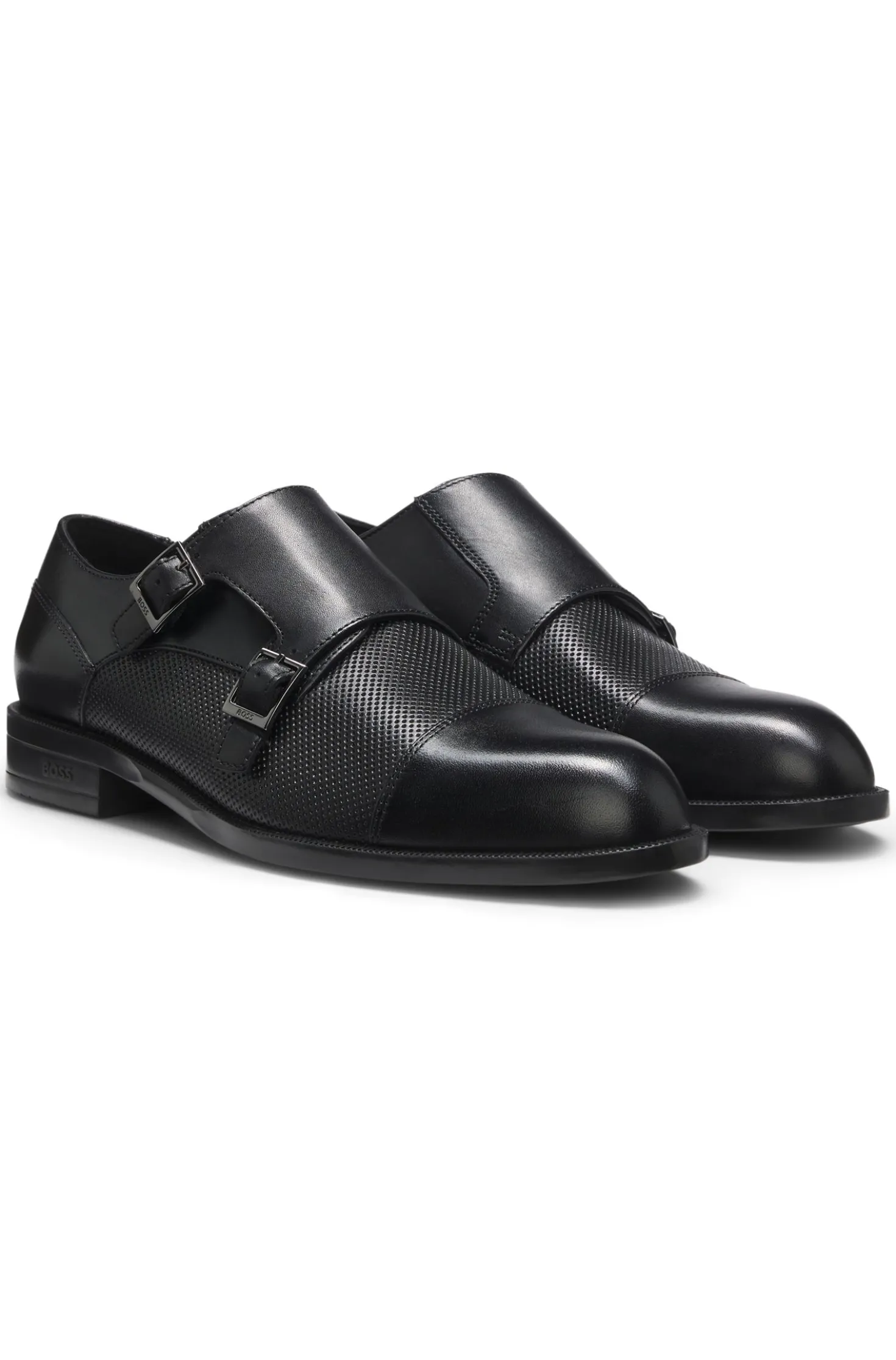 Double monk shoes in leather with perforated detail