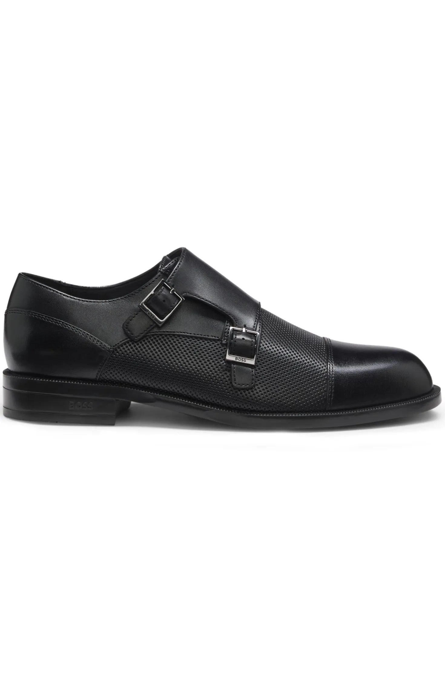 Double monk shoes in leather with perforated detail