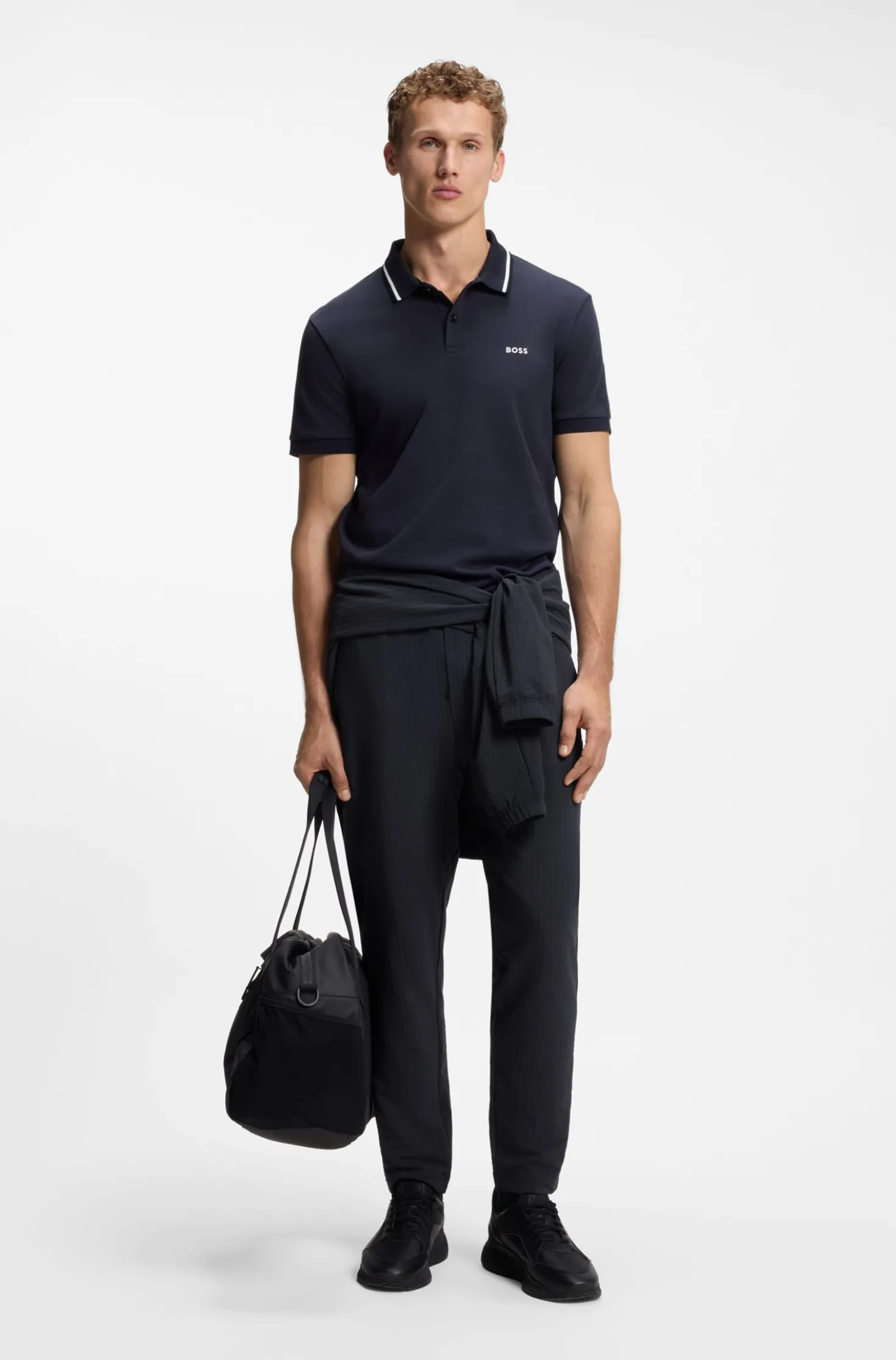 Drawstring trousers in stretch waffle fabric with framed zip