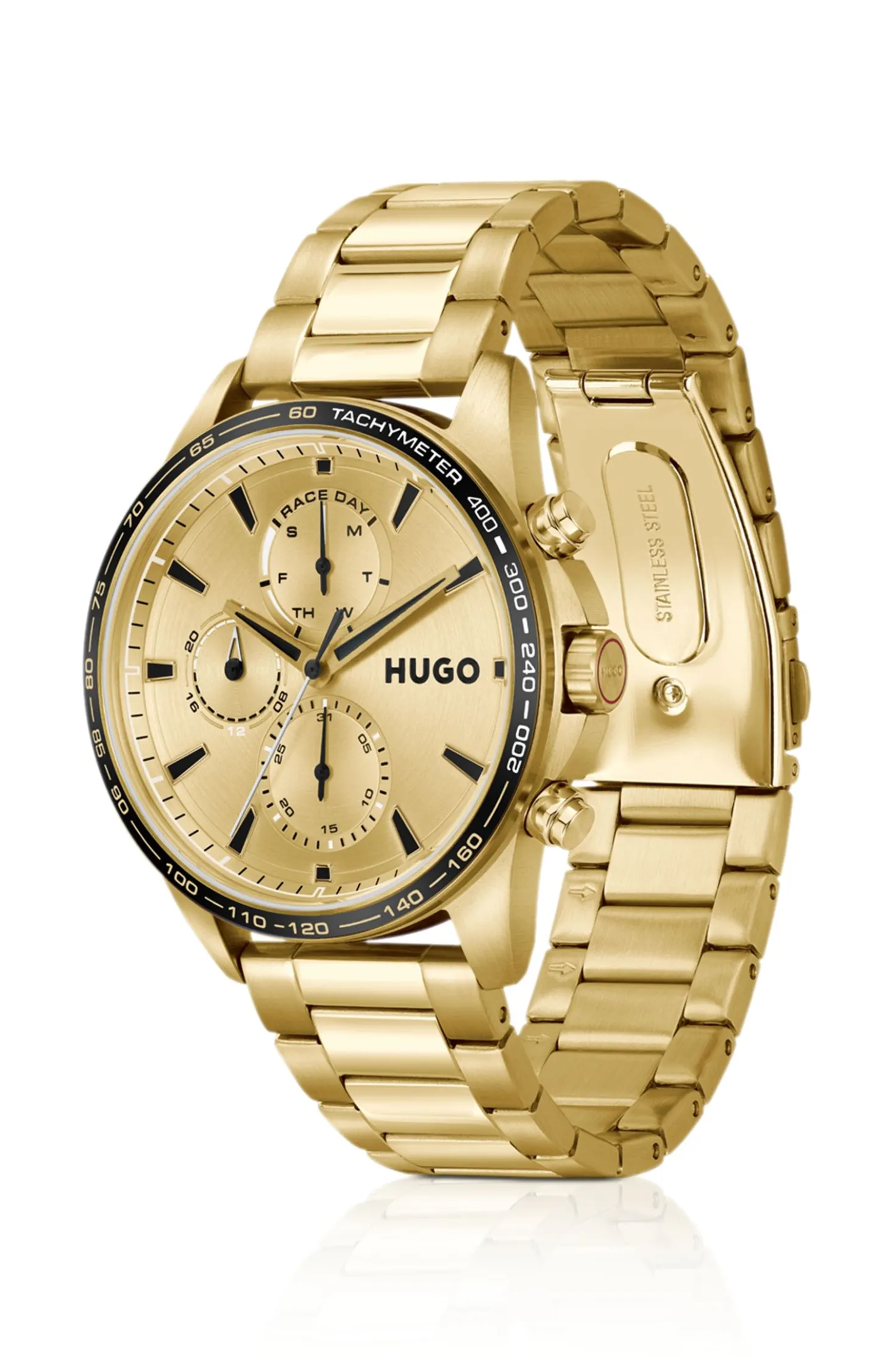 #Drift gold-tone watch with black tachymeter bezel