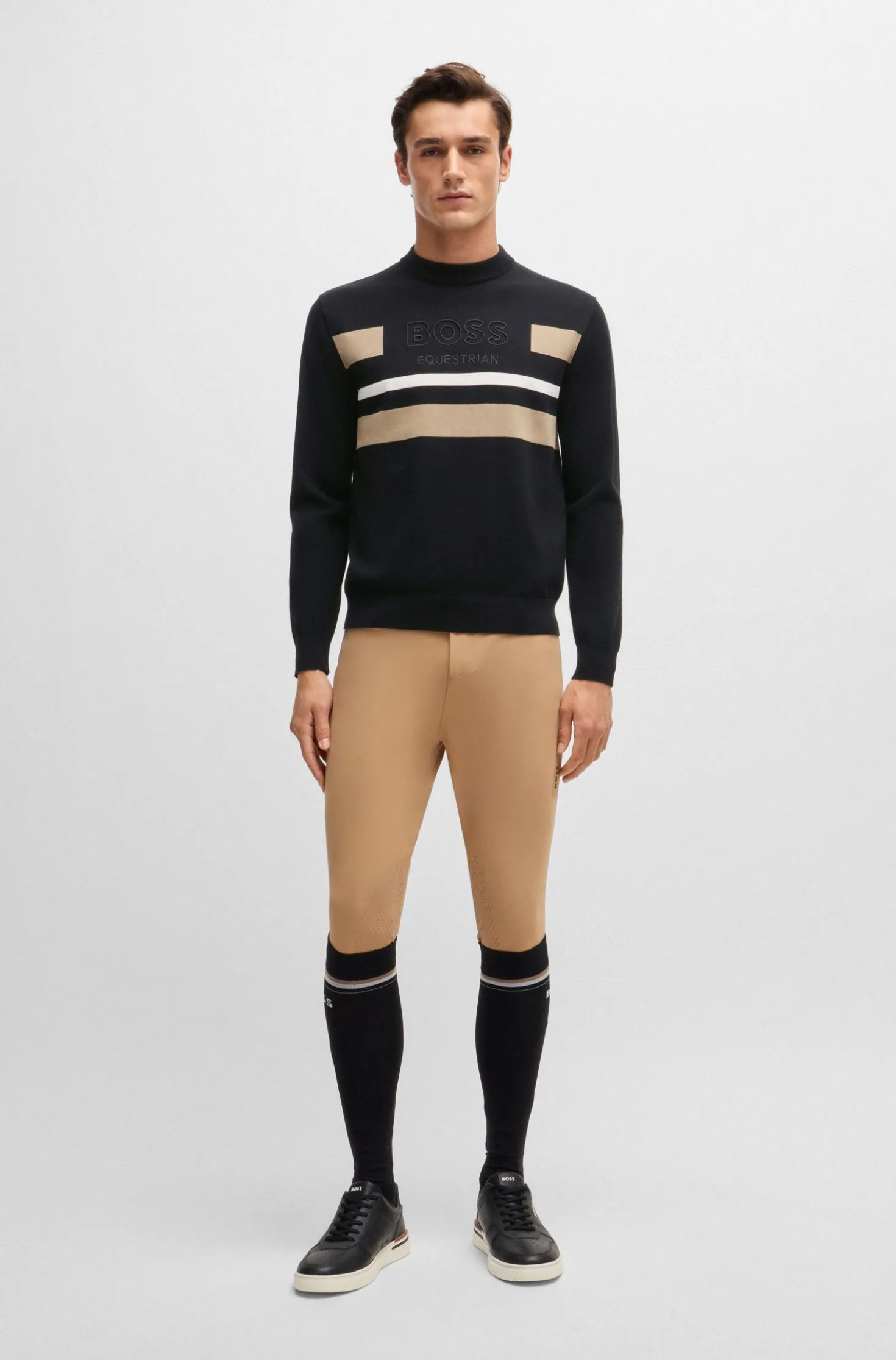 Equestrian cotton sweater with contrasting stripes