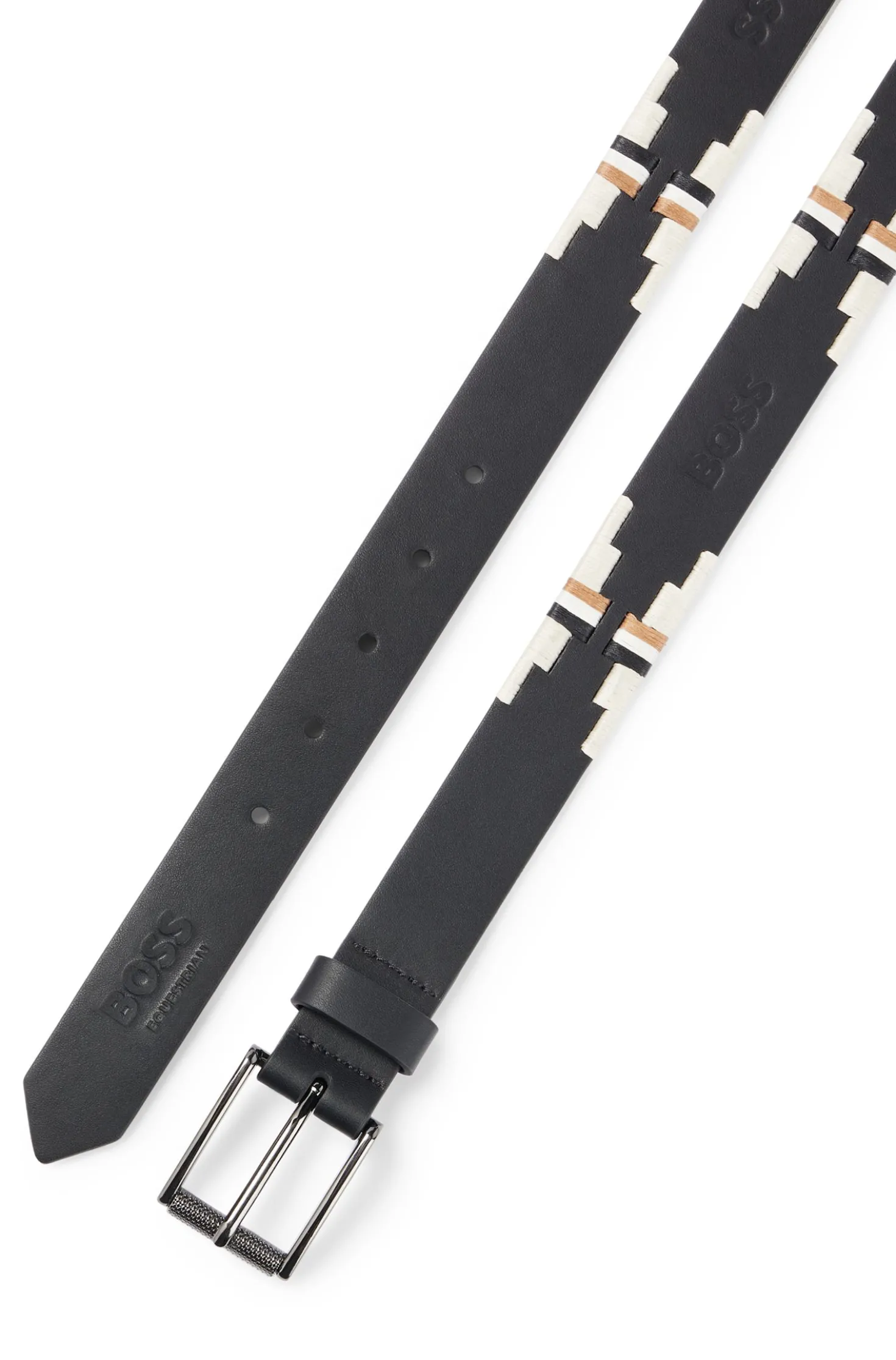 Equestrian leather belt with hand-embroidered signature stripes