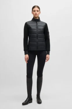 Equestrian mixed-material jacket with sleeve pocket