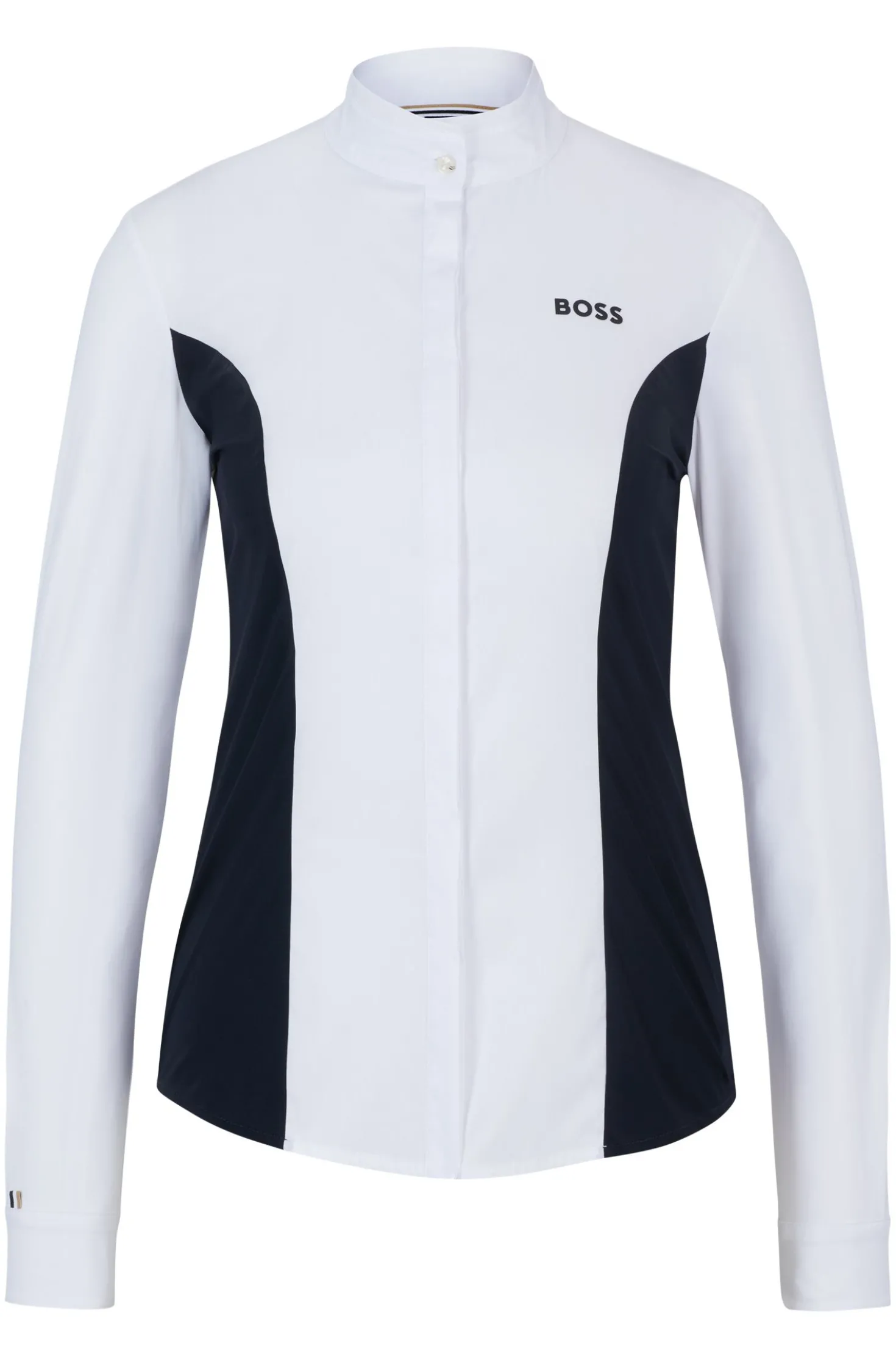Equestrian show blouse with floral print and navy inserts