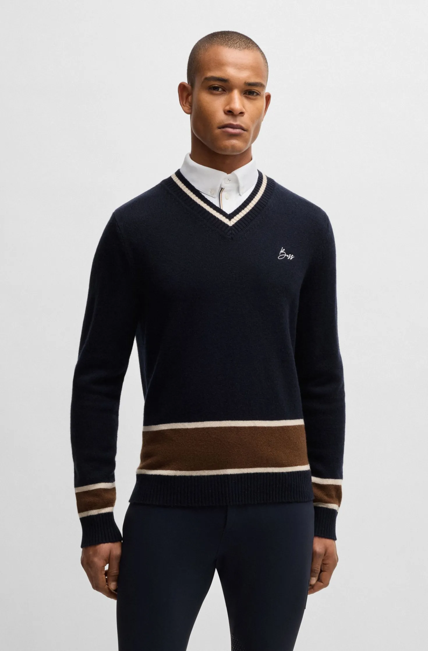 Equestrian V-neck sweater in wool and cashmere