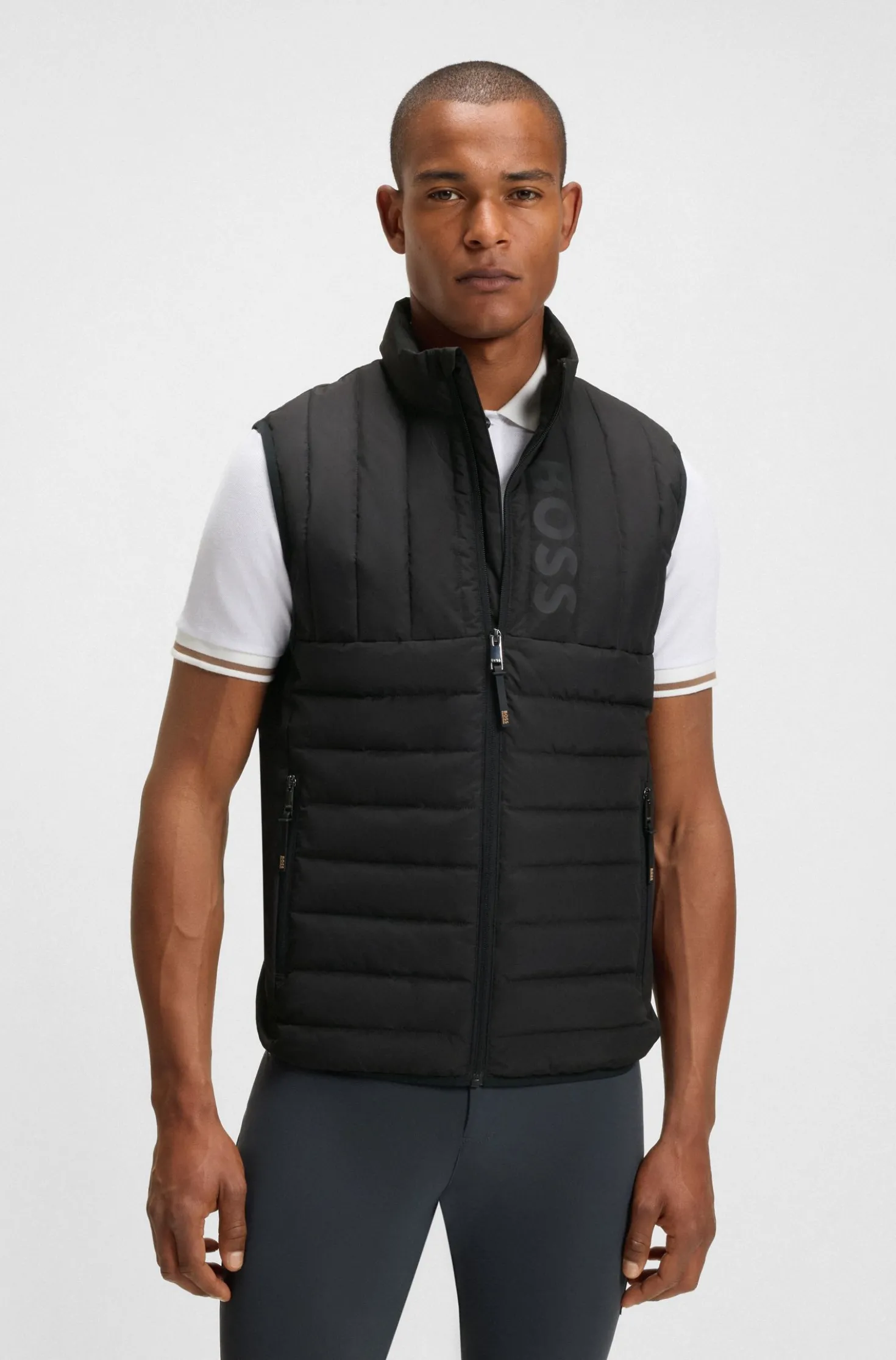 Equestrian waterproof gilet with vertical logo print