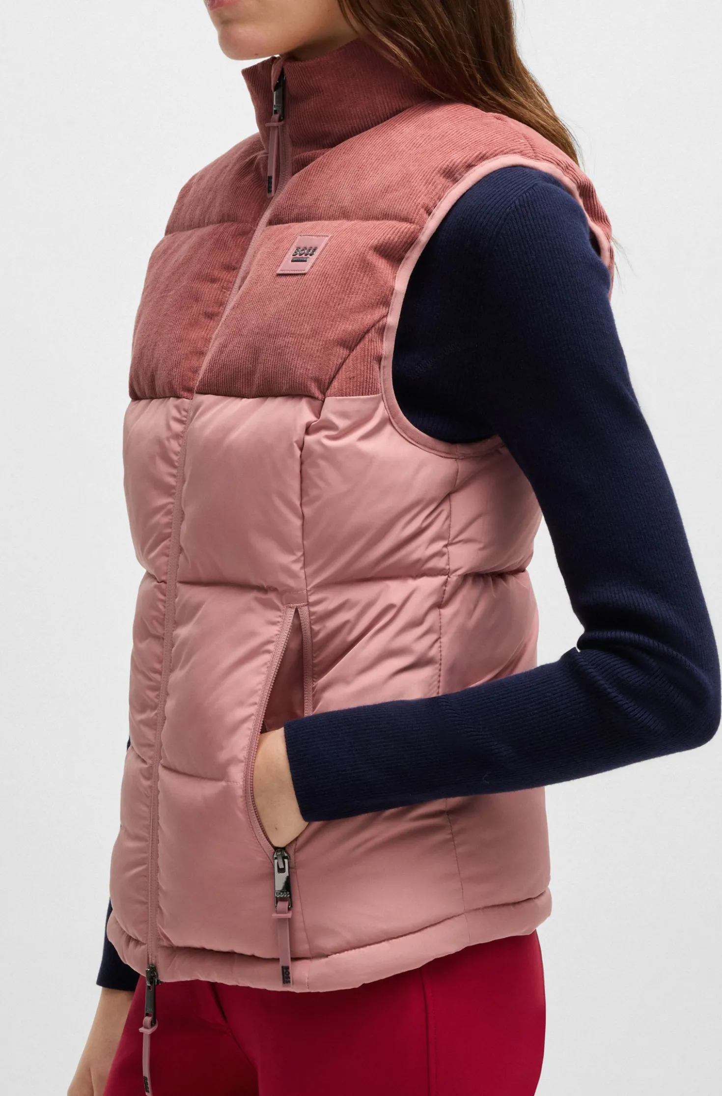 Equestrian waterproof gilet with corduroy trim