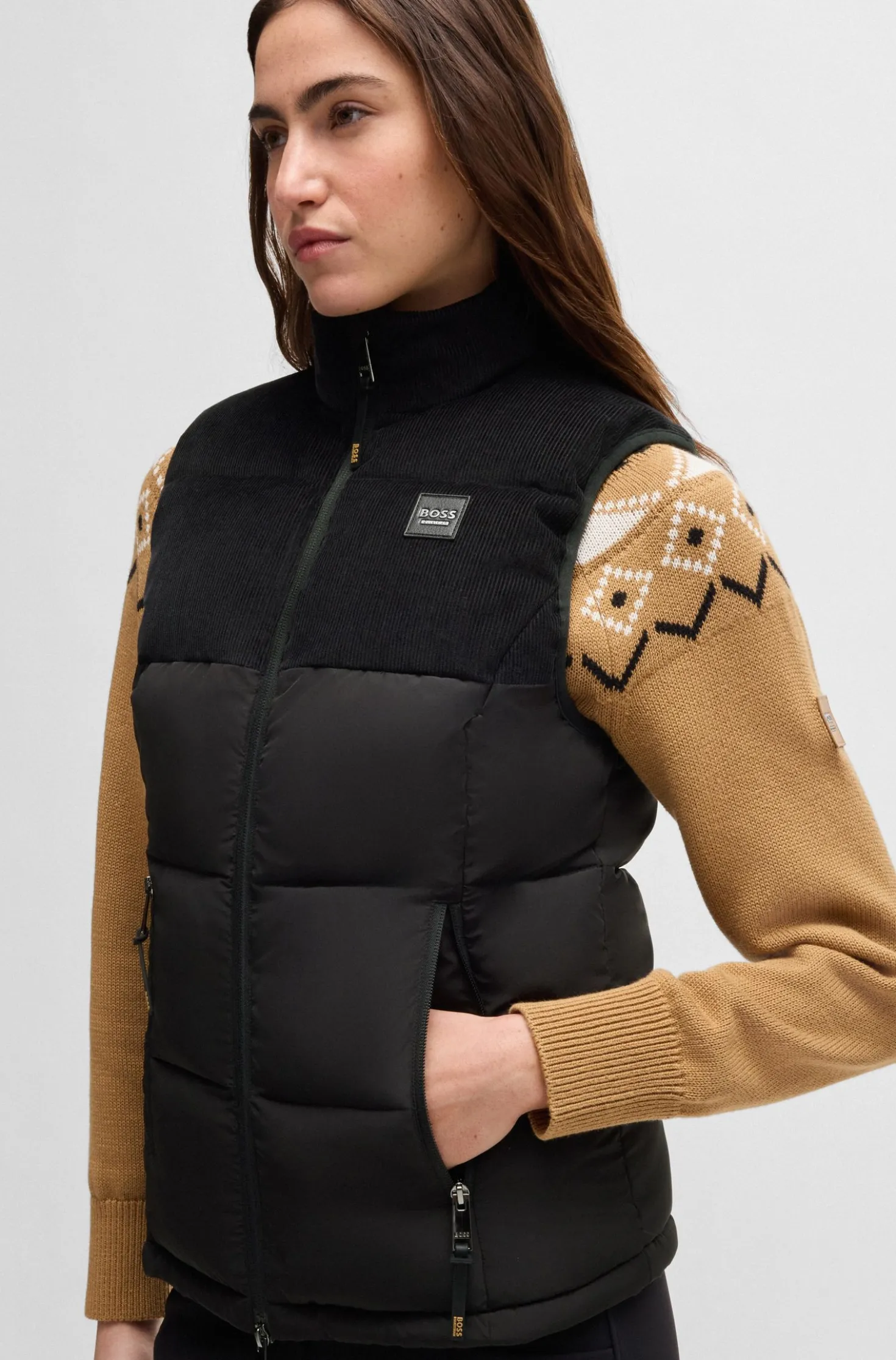 Equestrian waterproof gilet with corduroy trim