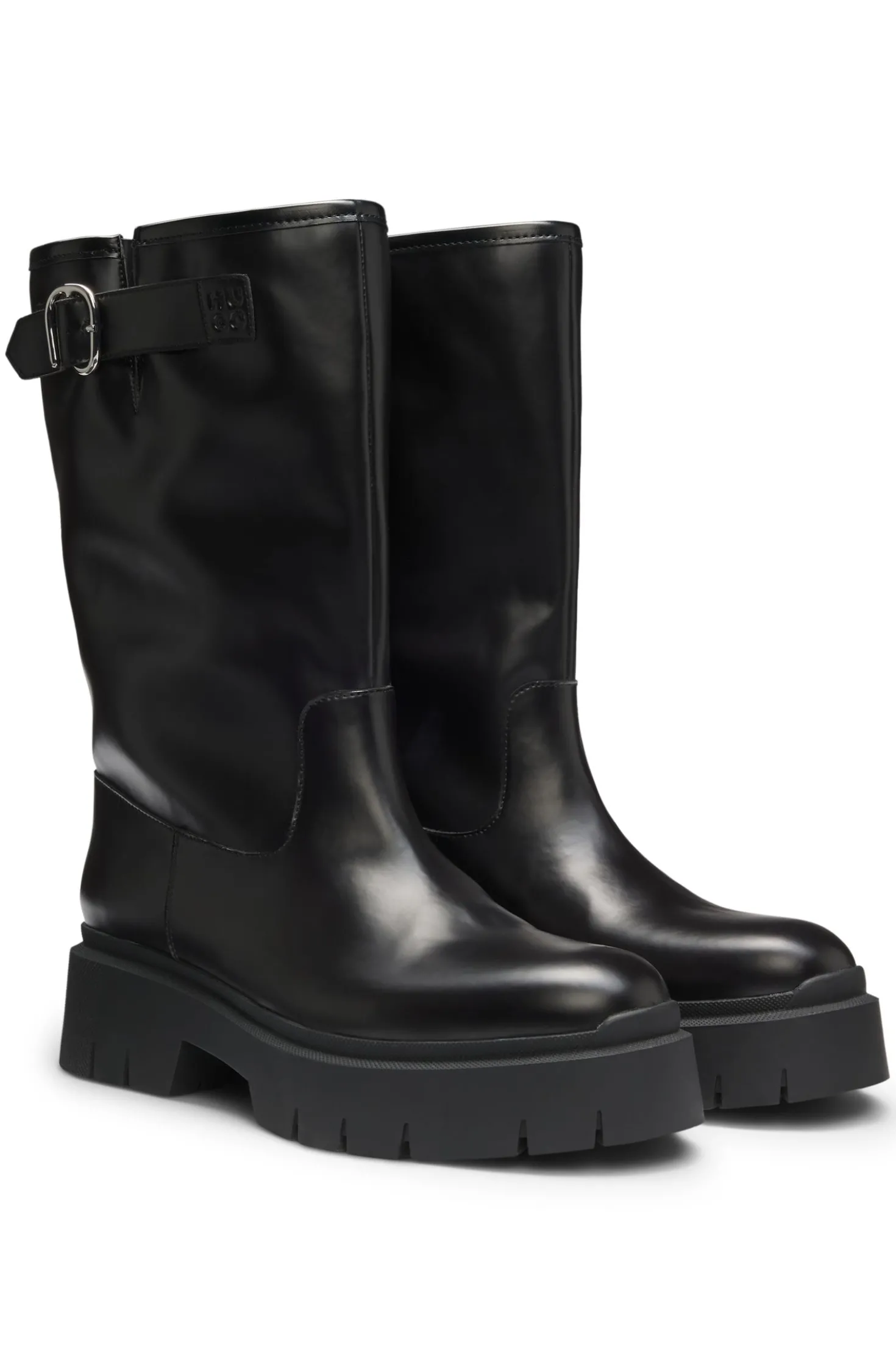 Faux-leather biker boots with buckle detail