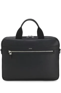 Faux-leather briefcase with logo lettering and detachable strap