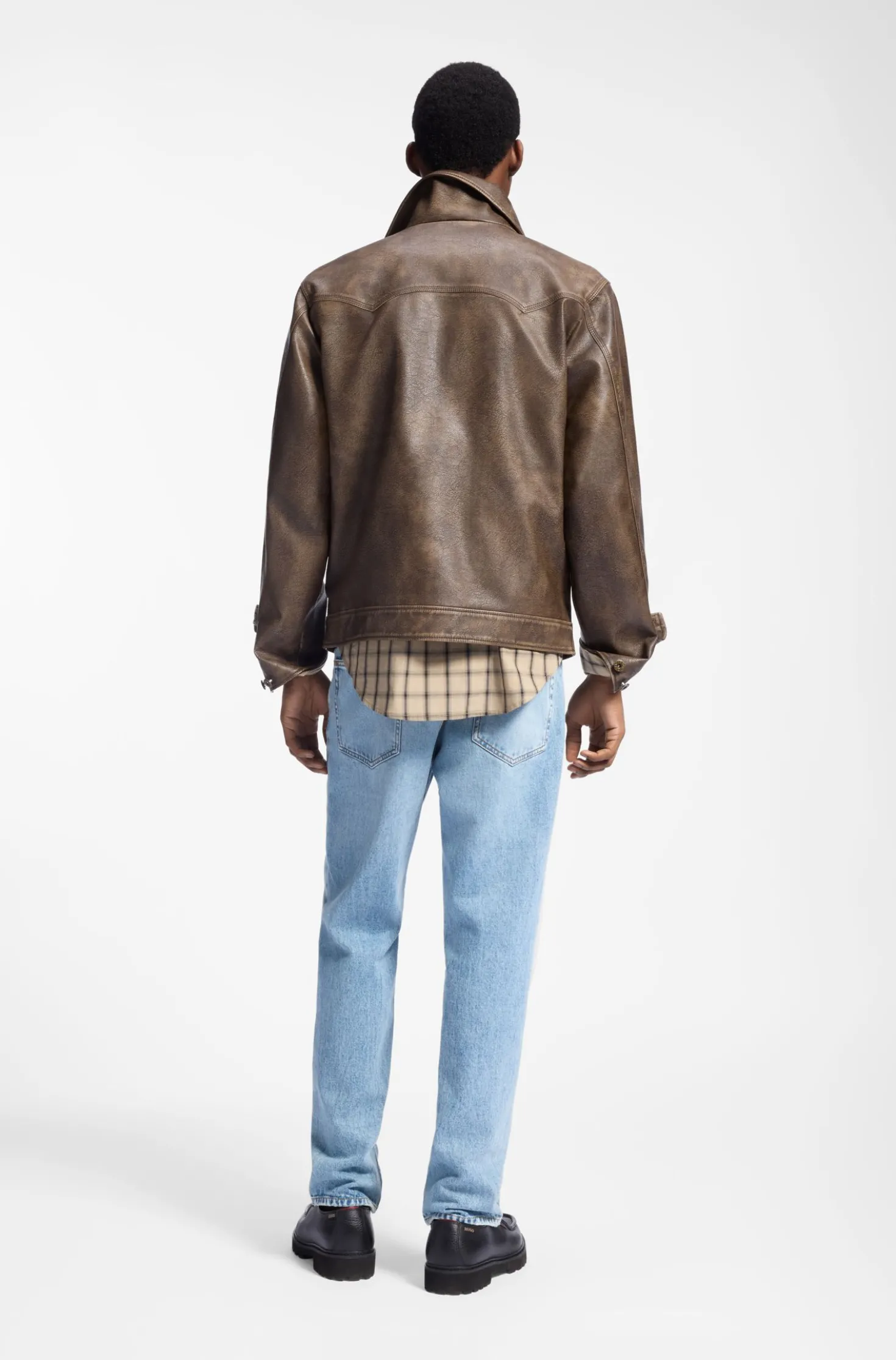 Faux-leather jacket with cross-shaped zip-puller